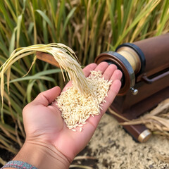 A farmer shows rice being milled using a rice mill on his hand.