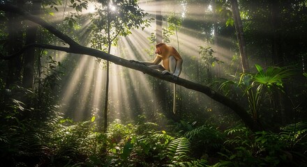 Fototapeta premium Proboscis Monkey in Sunlit Rainforest
