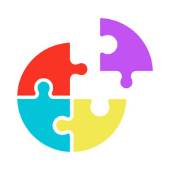 Fototapeta premium Four unfinished puzzle pieces. Jigsaw challenge, circle shaped. Join together. Strategy game. Connect the parts isolated outline vector illustration. Monochromatic dot illustration