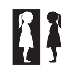 Conceptual Silhouette of Two Girls Back-to-Back in Black and White, a Minimalist Illustration of Duality, Childhood Sadness, and Opposites