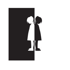 Conceptual Silhouette of Two Girls Back-to-Back in Black and White, a Minimalist Illustration of Duality, Childhood Sadness, and Opposites