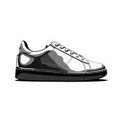A stylized illustration of a modern white and black sneaker with a thick sole and shiny, reflective finish.