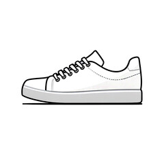 A stylized illustration of a modern white and black sneaker with a thick sole and shiny, reflective finish.