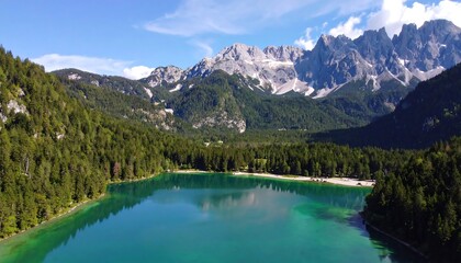 Serene alpine lake nestled amidst lush forests and majestic mountains under a vibrant blue sky.
