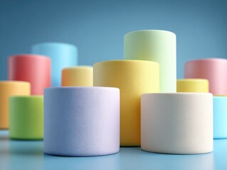 Colorful cylindrical forms arranged in a tiered, shallow stack against a light blue backdrop