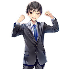 ガッツポーズをする若いビジネスマン（漫画・アニメ調）