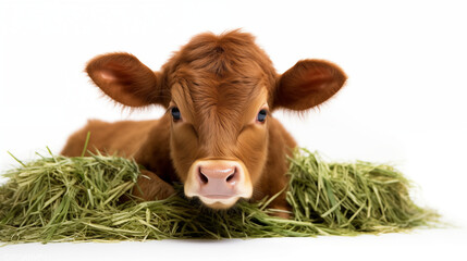 A close up of a brown calf lying in green hay against a white background in a studio setting view