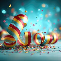Colorful streamer swirls on teal surface with confetti