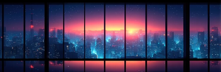 Cityscape viewed through panoramic window at dawn