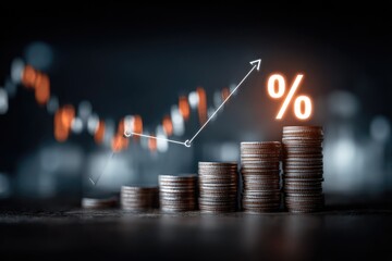 Rising stacks of coins with percentage growth indicator