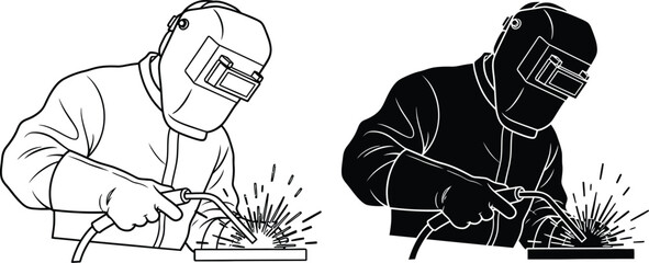 Welding vector illustration of welder with welding mask and sparks vector