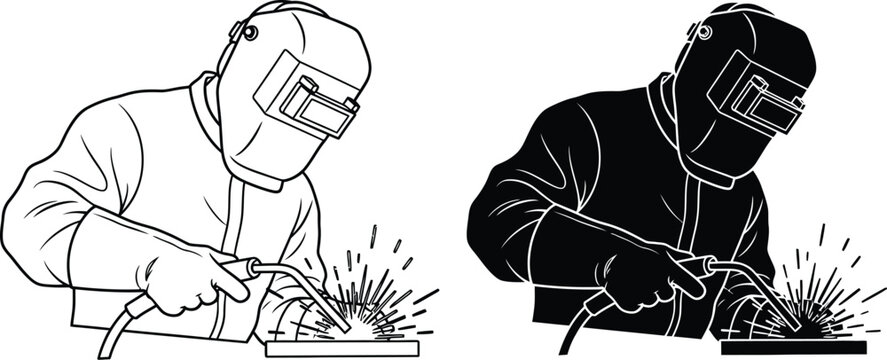 Welding vector illustration of welder with welding mask and sparks vector
