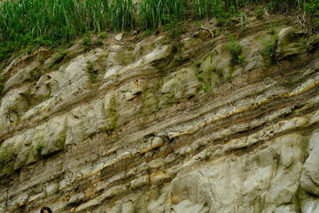 geological formation characterized by distinct horizontal layers or strata of rock. Sedimentary rocks.
