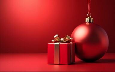 Merry christmas party glass ball and gift box for flyer brochure design on red background invitation theme concept. Happy holiday greeting banner and card template. High quality