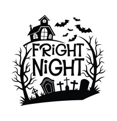 Fright Night Halloween T-shirt Design Spooky Graveyard Church Bats
