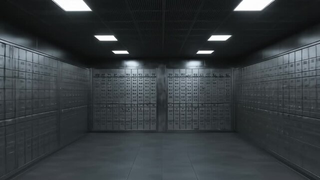 Metallic room filled with safe deposit boxes lit with square ceiling lights