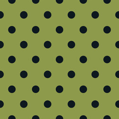 Earthy olive green background with dark navy polka dots, seamless vector design for home decor, fabrics, and wallpapers.
