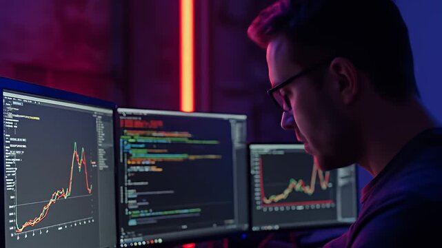 Back view of a coder with glasses looking at multiple monitors with data visuals