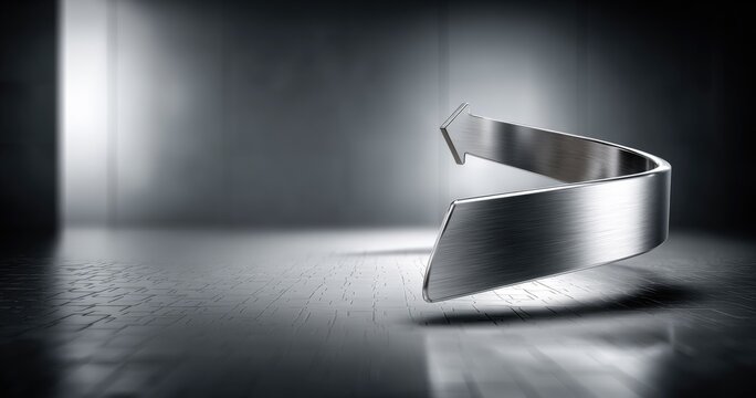 Curved metallic arrow on reflective floor in dark room - Powered by Adobe