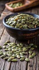 Fresh organic pumpkin seeds on a wooden table