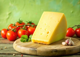 A wedge of cheddar cheese sitting on a wooden cutting board with a rustic background