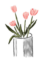 Oil painting pink tulips in vase hand drawn illustration