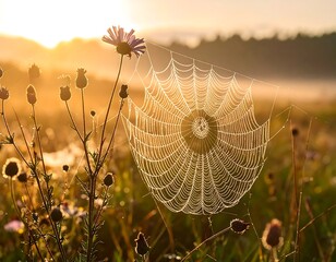 Dew-kissed spiderweb at sunrise