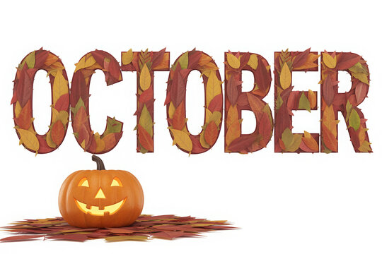 October Text Made of Autumn Leaves with Jack-o'-Lantern Pumpkin on White Background for Seasonal Decoration