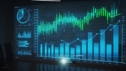 Conference room displays neon graphs, bar charts, and pie charts on a large screen - Powered by Adobe