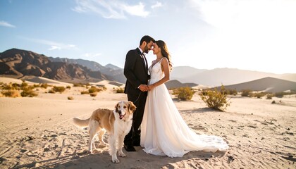 Desert Wedding Couple Dog Photo.