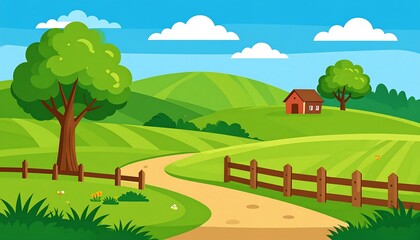 Fototapeta premium A vibrant illustration showcases a picturesque countryside landscape with rolling hills, a small red farm house, and a winding path through lush green fields.