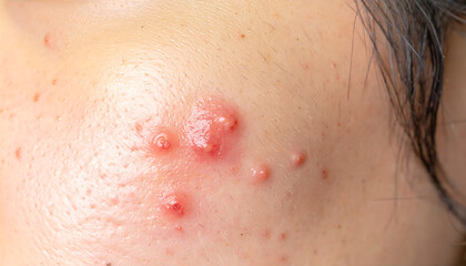 Close-up macro shot of acne breakouts and inflamed pimples on human skin, showing texture and redness