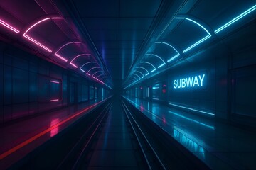A futuristic subway station interior, glowing neon lights, sharp architecture lines, ultra clean floor reflections, cinematic sci-fi style, photorealistic noise free render