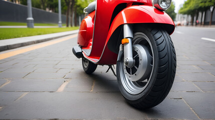 Red scooter wheel is placed on a paved surface, showing details of the tire and fender. Urban transportation, mobility, modern travel