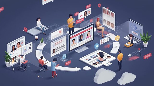 Isometric illustration depicting people interacting with digital screens and web elements