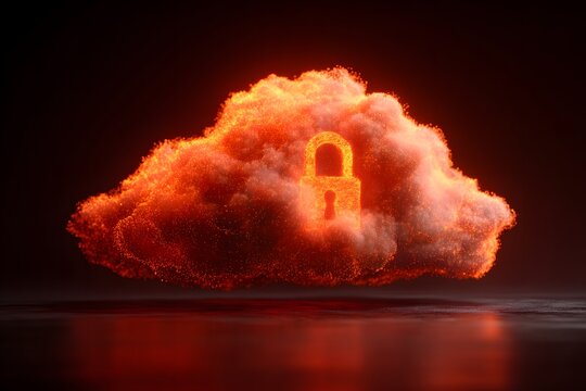 3D rendering of a digital glowing cloud with a padlock icon on an abstract background, symbolizing data security and protection in the virtual computer world. Cloud storage concept for cyber money tra