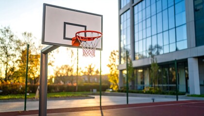 An outdoor basketball hoop stands against a modern office building, bathed in the golden light of a late afternoon sun.