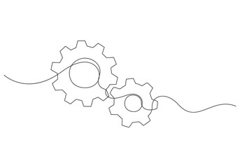 Gears wheel symbol technology, continuous one line drawing. Moving cog gears for business teamwork concept.