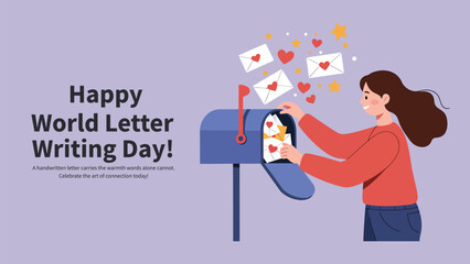 Happy World Letter Writing Day Illustration with Woman and Mailbox with Love Letters