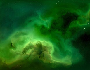 Glowing green nebula with swirling gases and scattered stars