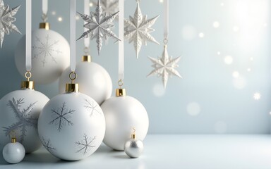 Christmas balls background. Hanging white Xmas decorative bauble, 3d silver metallic snowflakes on the ribbon. Festive vector realistic decor ornaments. High quality