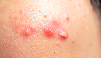 Extreme close-up of severe nodular and cystic acne on the skin, showing inflamed pustules and papules. A concept for dermatology and skincare issues