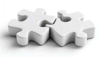 Fototapeta premium Two white puzzle pieces interlocked, isolated on white background