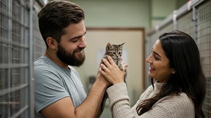 Couple lovingly hold a small kitten in an animal shelter, gazing at it with smiles
