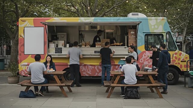 Colorful food truck surrounded by people eating at picnic tables in an outdoor space