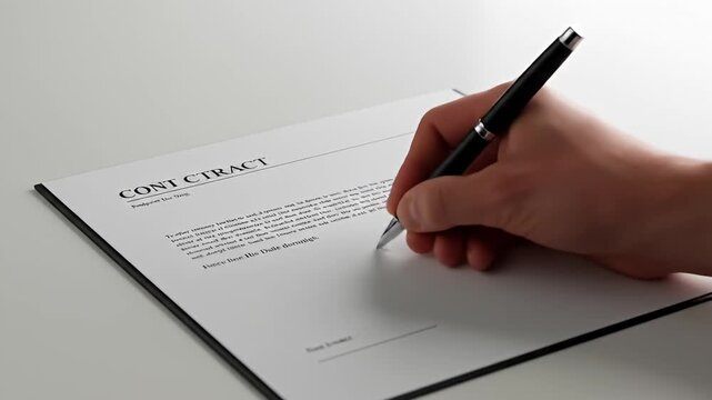 Signing a contract with a pen on a white surface, shallow depth of field