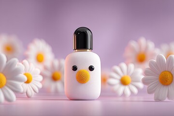 A whimsical perfume bottle, white with cartoon bird face, sits amidst a field of daisies on a soft purple background.  The bottle's design features black and gold accents