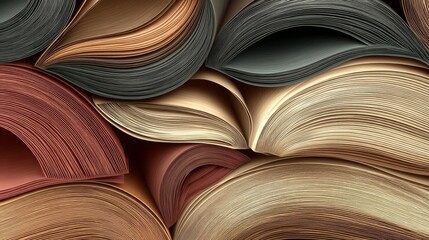 An intricate arrangement of paper scrolls in various shades forms a wave-like pattern with hues of brown, tan,