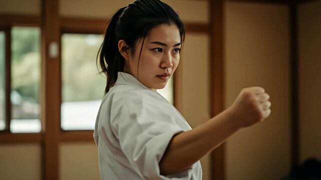 Focused woman in a white karate gi practices martial arts in a dojo with windows