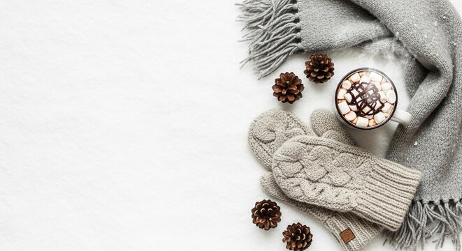 Cozy winter scene with hot chocolate, mittens, and a blanket.